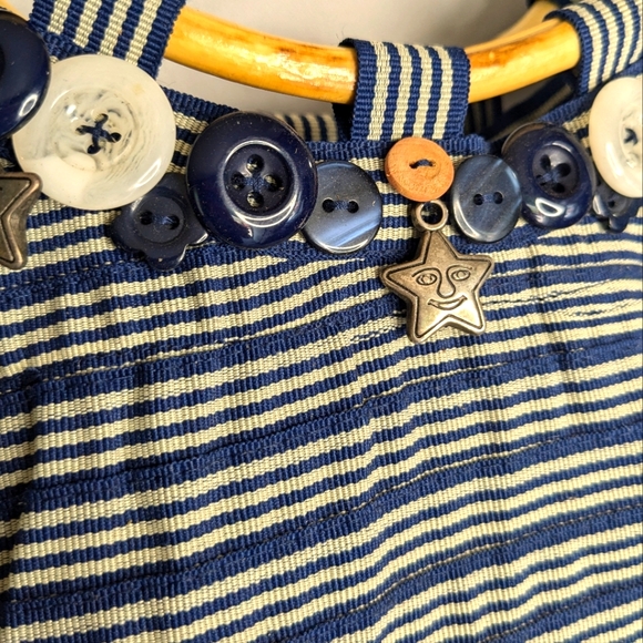 Old Country Road Handbag Bamboo Clutch Polyester Navy Blue Grey Stripes L-2 - Picture 2 of 13